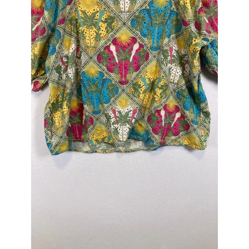 Tropical Boho LOFT Women Large Multicolor Square Neck Puff Sleeve Tile Print Top